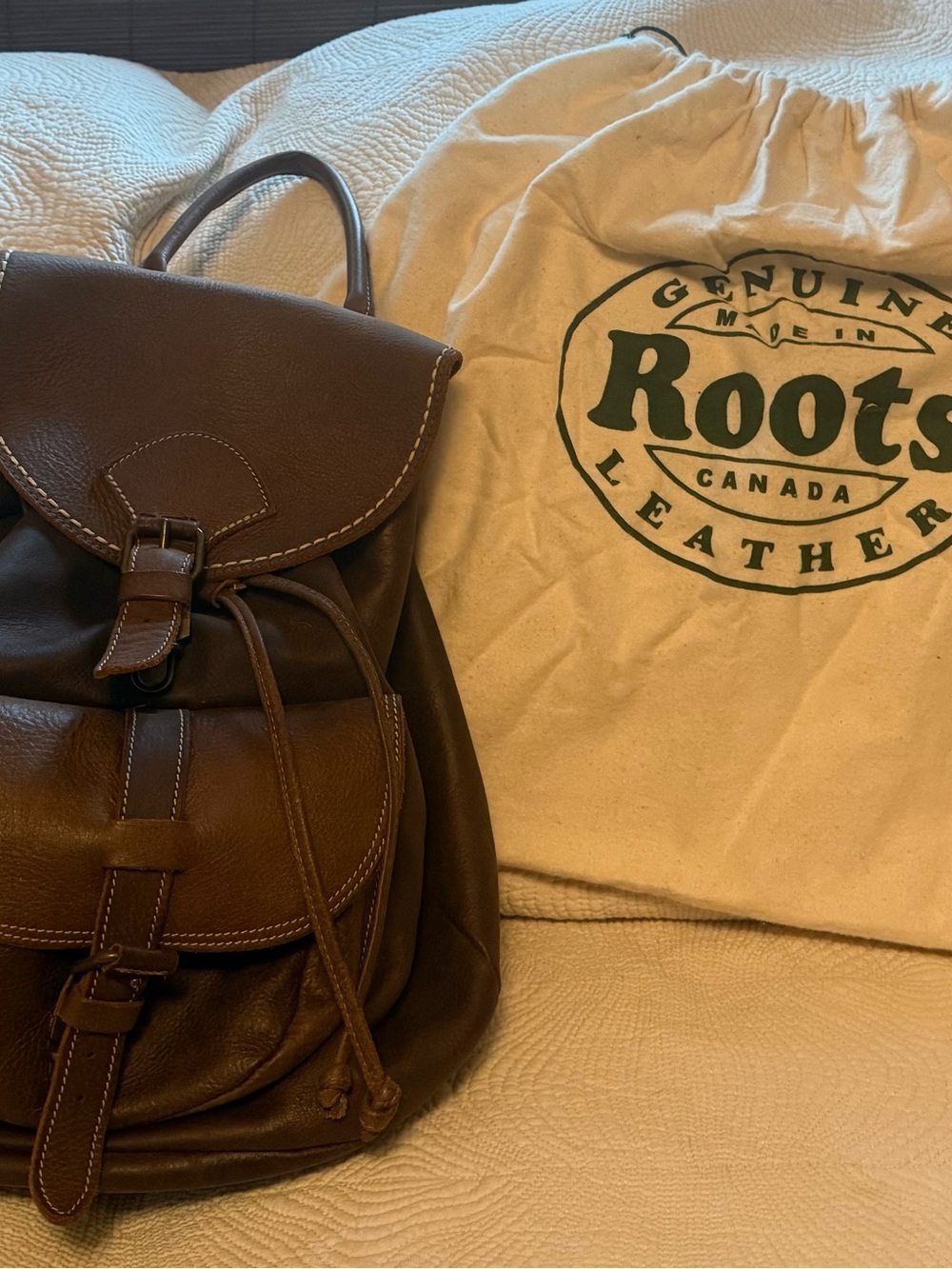 Roots Dark Brown Leather Backpack with Drawstring & Buckle